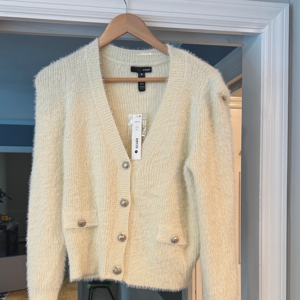NWT Aqua Soft Cream Fuzzy V-Neck Cardigan size small